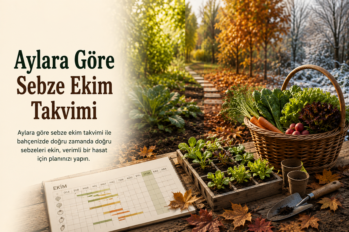 Aylara Göre Sebze Ekim Takvimi başlıklı görsel – dört mevsimli bahçe yolu, sebze sepeti ve aylık takvim çizelgesi