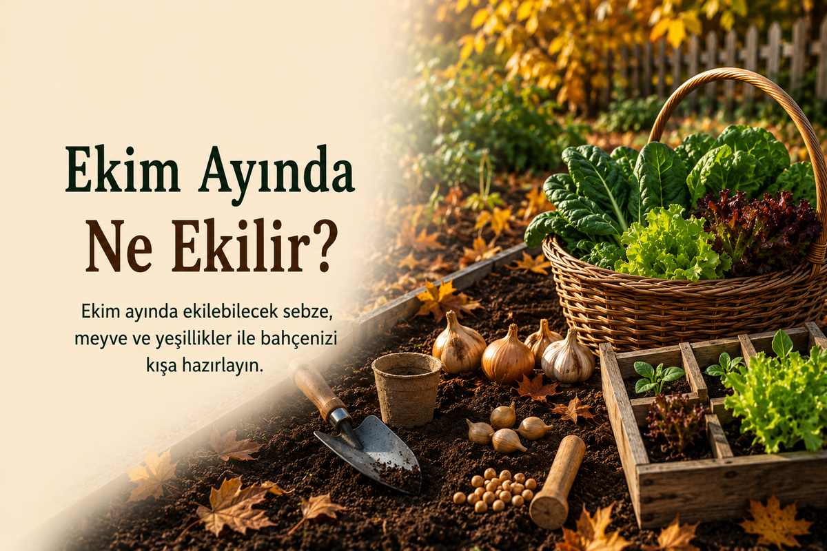 Ekim Ayında Ne Ekilir? başlıklı görsel – sepette pazı ve marul, toprakta sarımsak başları, mala ve kuru yapraklar