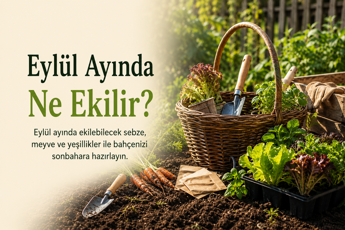 Eylül Ayında Ne Ekilir? başlıklı görsel – hasır sepette marul ve el aletleri, toprakta havuç ve tohum zarfları
