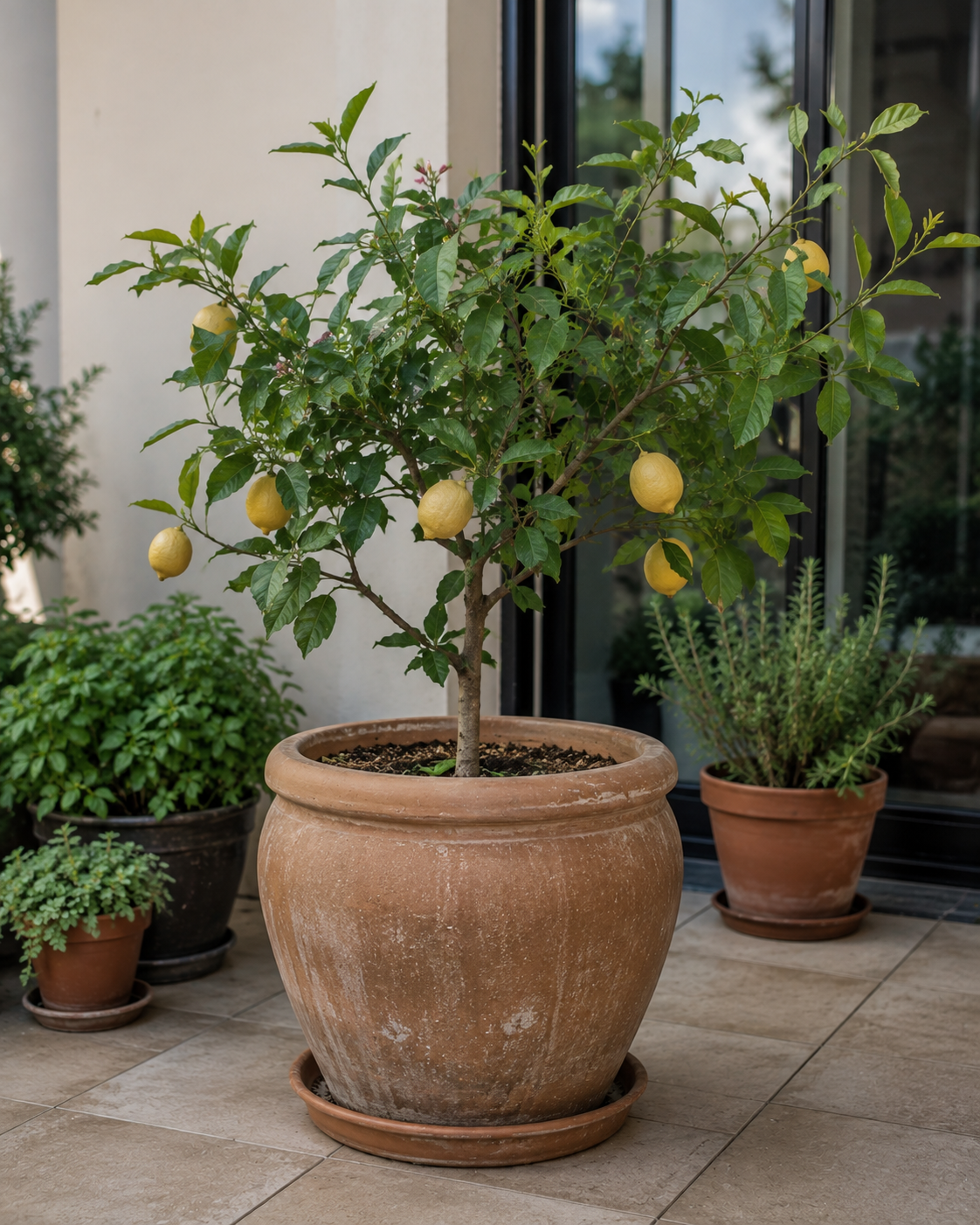 Terracotta saksıda sarı limonlu limon ağacı, altında tabla, yanında aromatik bitki saksıları ve taş zemin