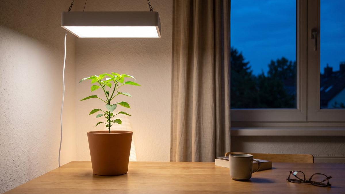 Akşam saatinde karanlık odada beyaz LED panelin aydınlattığı terracotta saksıdaki genç biber bitkisi