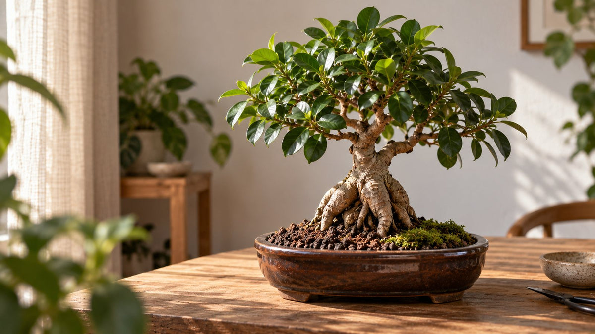 Sığ kapta ficus bonsai; açıkta kalan kalın kökler, yüzeyde mineral granül ve yosun