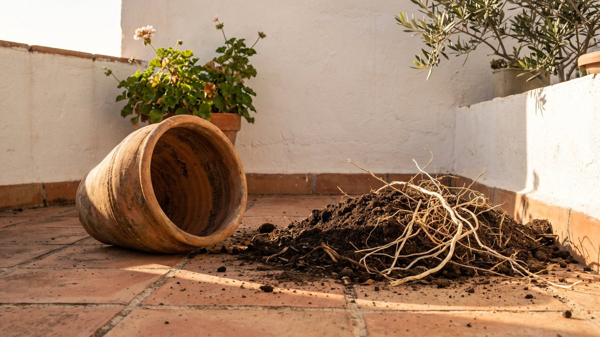 Balkon karosunda yan yatmış boş terracotta saksı ve yanında kurumuş köklerle dolu kullanılmış toprak yığını