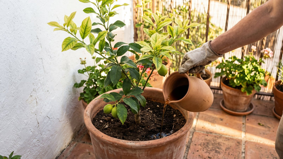 Badanalı balkonda terracotta saksıdaki limonun damarları yeşil, arası sararmış genç yaprakları; toprağa sıvı döken bir el