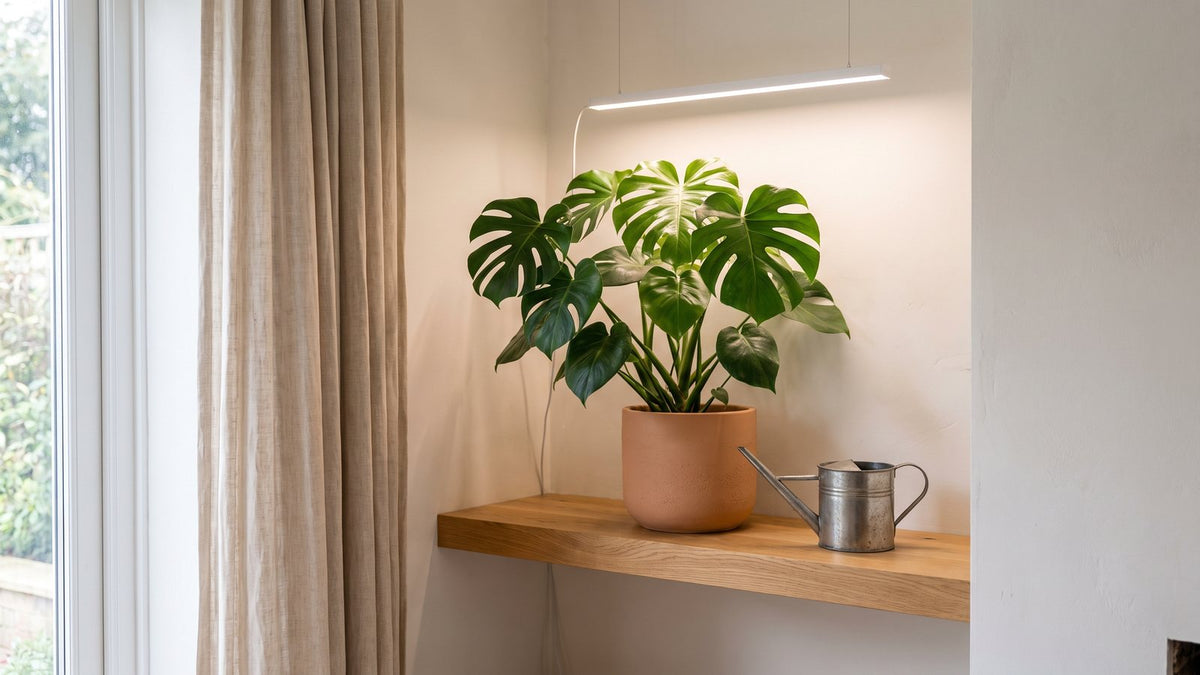 Pencere yanındaki ahşap rafta büyük monstera, üzerine monte edilmiş ince beyaz LED bar ve metal sulama kabı