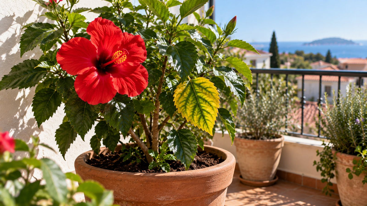 Balkonda kırmızı çiçekli hibiscus; damar araları sararmış tek yaprak öne çıkıyor
