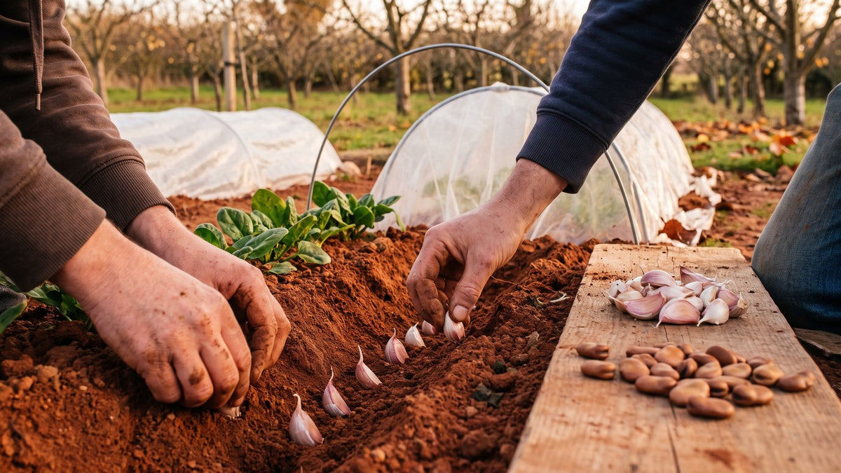 Kırmızı toprağa sarımsak dişleri dikilirken tahtada bakla tohumları, yanda ıspanak sırası ve alçak plastik tünel