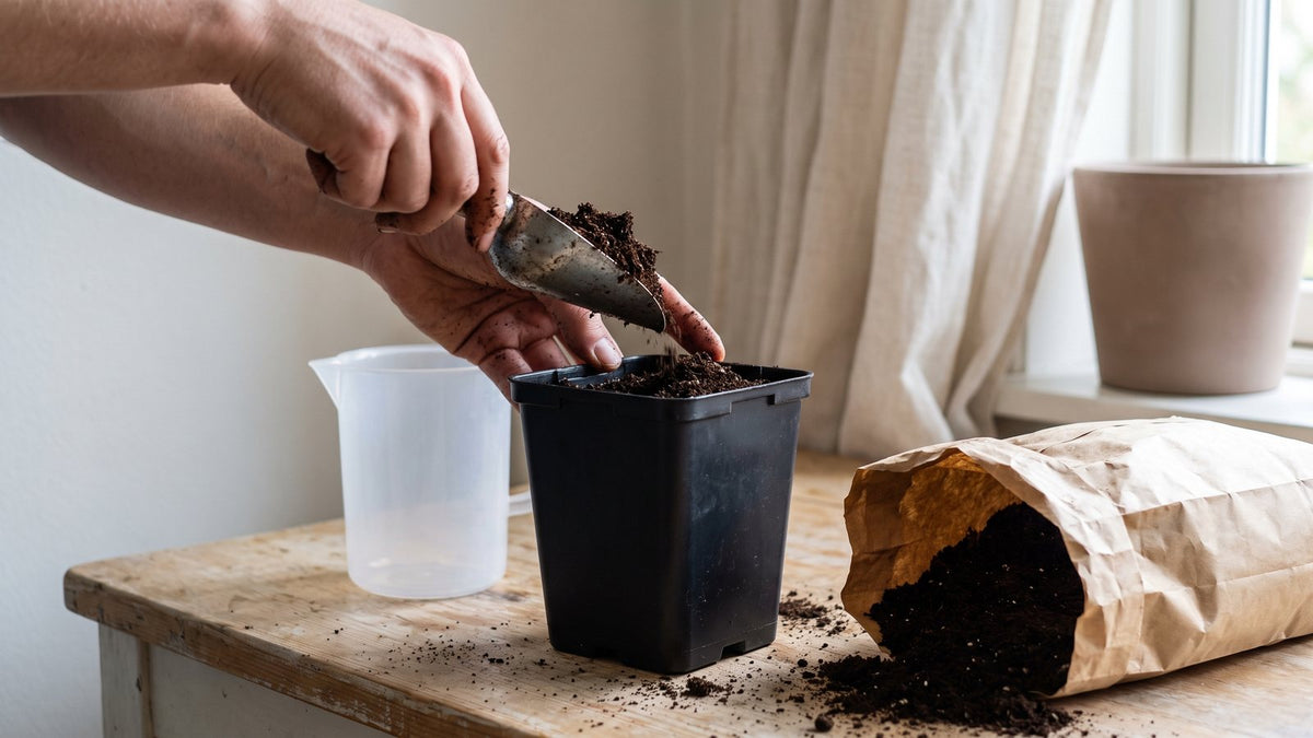 Metal kürekle siyah plastik kare saksıya harç dolduran eller; yanında boş plastik sürahi ve yan yatmış kâğıt torba harç