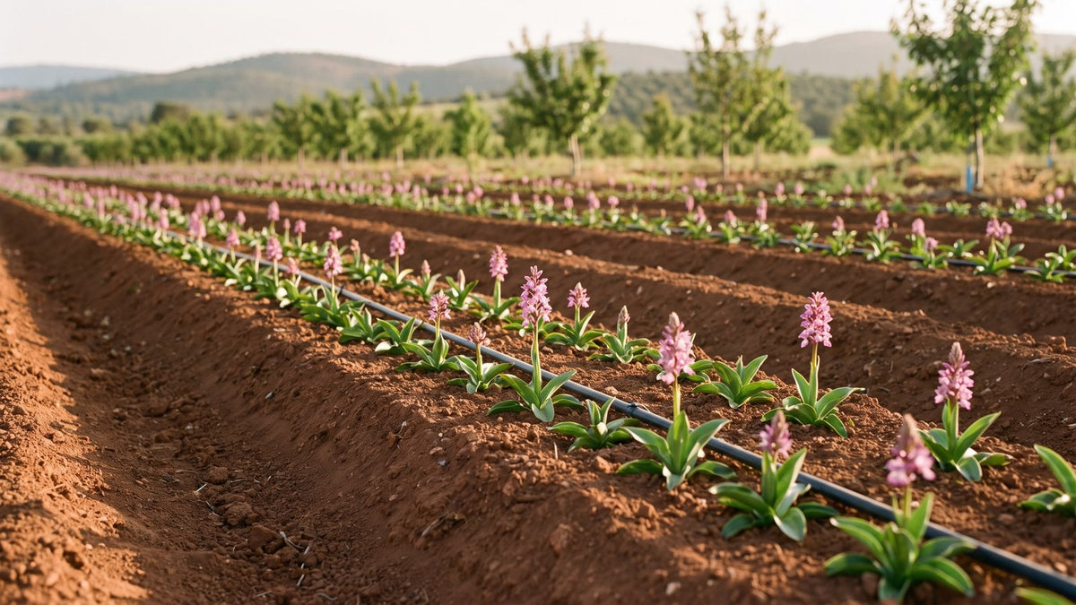 Kırmızımsı sürülmüş toprakta yükseltilmiş sırtlara sıra hâlinde dikilmiş pembe başaklı salep orkideleri ve damla sulama hattı