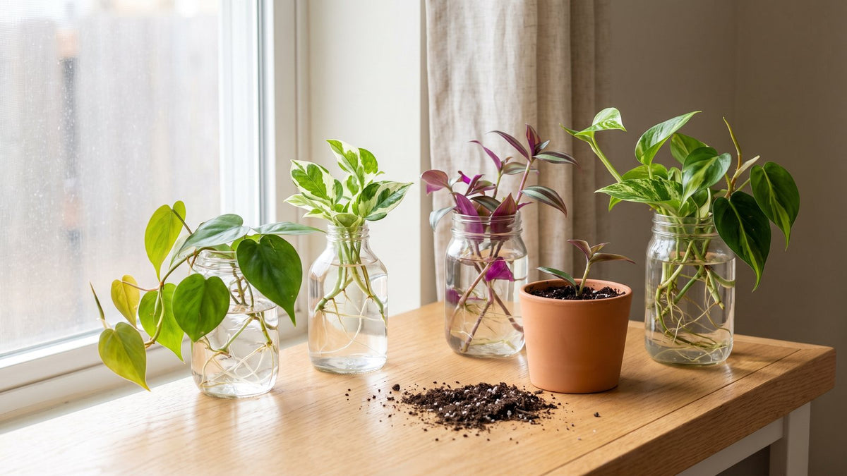 Pencere önünde su dolu kavanozlarda kök vermiş philodendron, pothos ve telgraf çiçeği çelikleri, yanında küçük toprak saksı