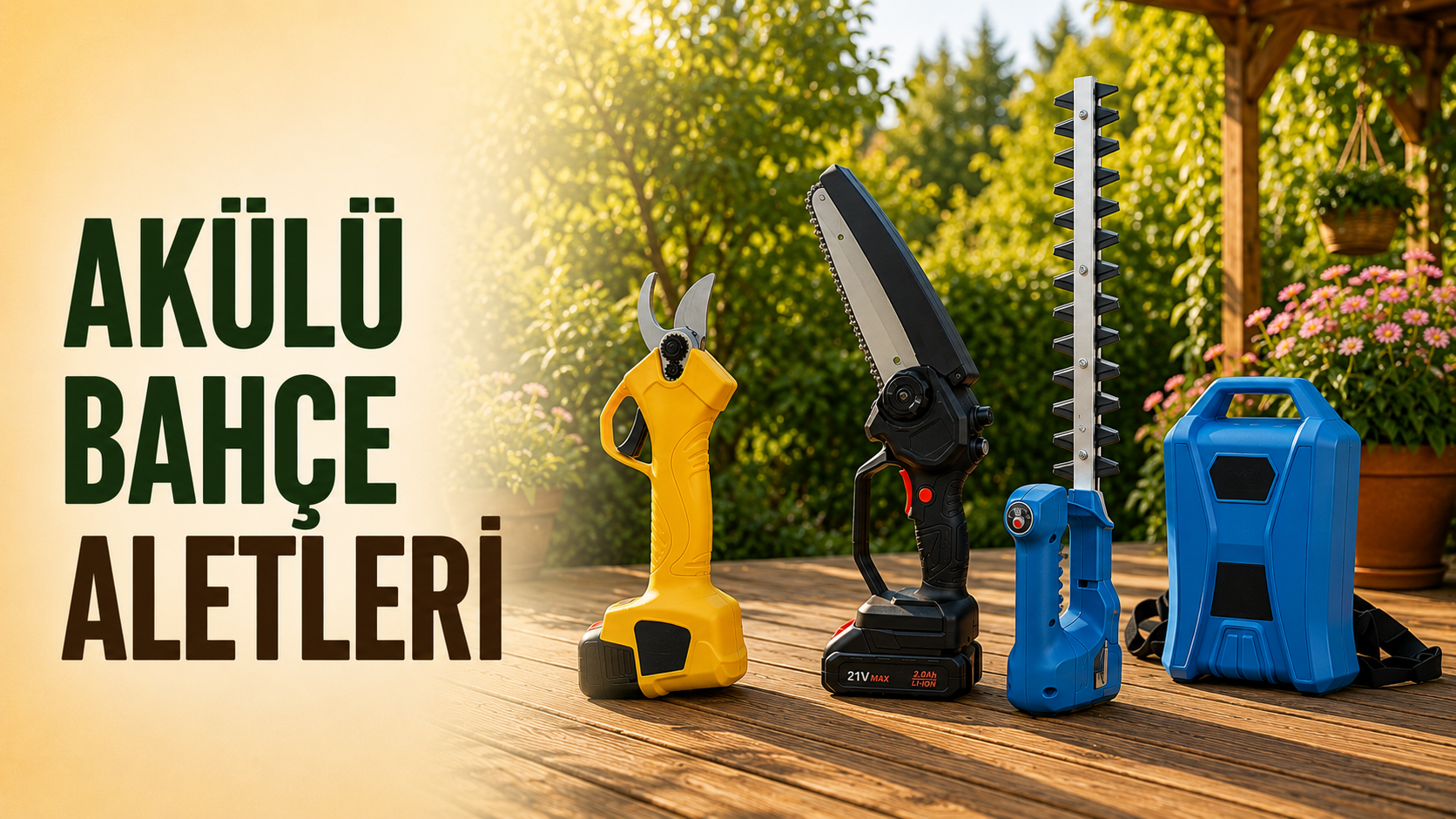 Akülü bahçe aletleri – akülü budama makası, mini zincirli testere ve çit budama makinesi