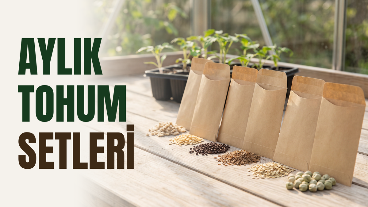 Aylık tohum setleri – serada ahşap tezgâh üzerinde baskısız kraft tohum zarfları, önlerinde altı ayrı tohum yığını, arkada fide viyolü