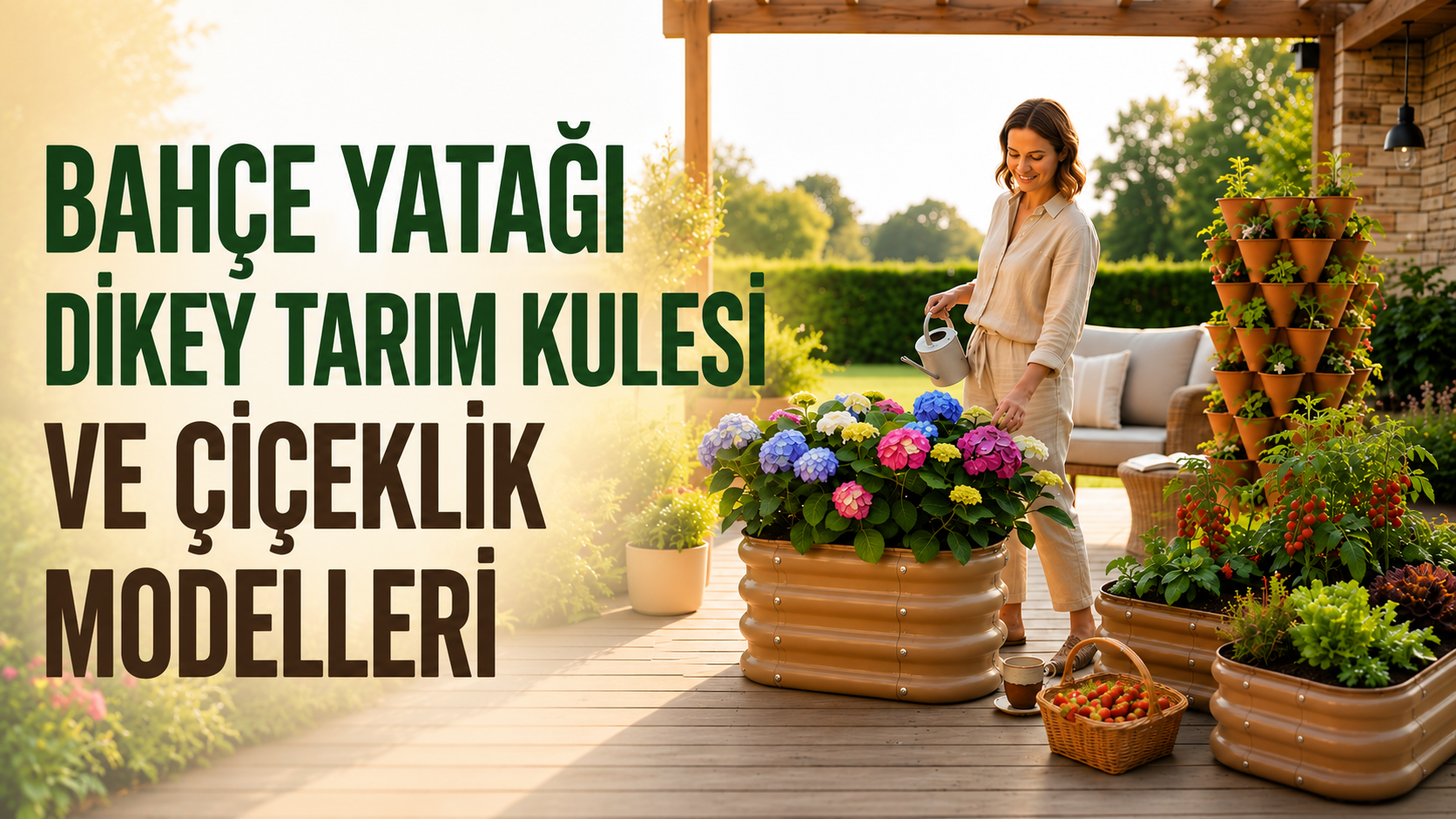 Teras bahçesinde yükseltilmiş bahçe yatağı, dikey tarım kulesi ve çiçekliklerle oluşturulmuş yetiştirme alanı