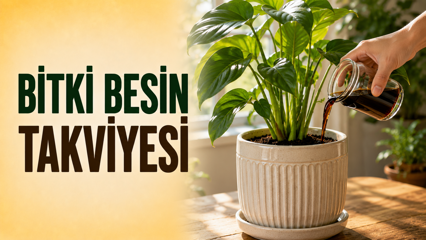 Saksıdaki yeşil bitkiye sıvı bitki besini uygulanması – bitki besin takviyesi kullanımı