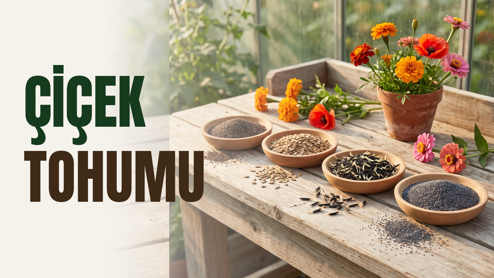 Çiçek tohumu – ahşap kaselerde haşhaş, kadife çiçeği, zinnia ve petunya tohumları, arkada saksıda açmış mevsimlik çiçekler