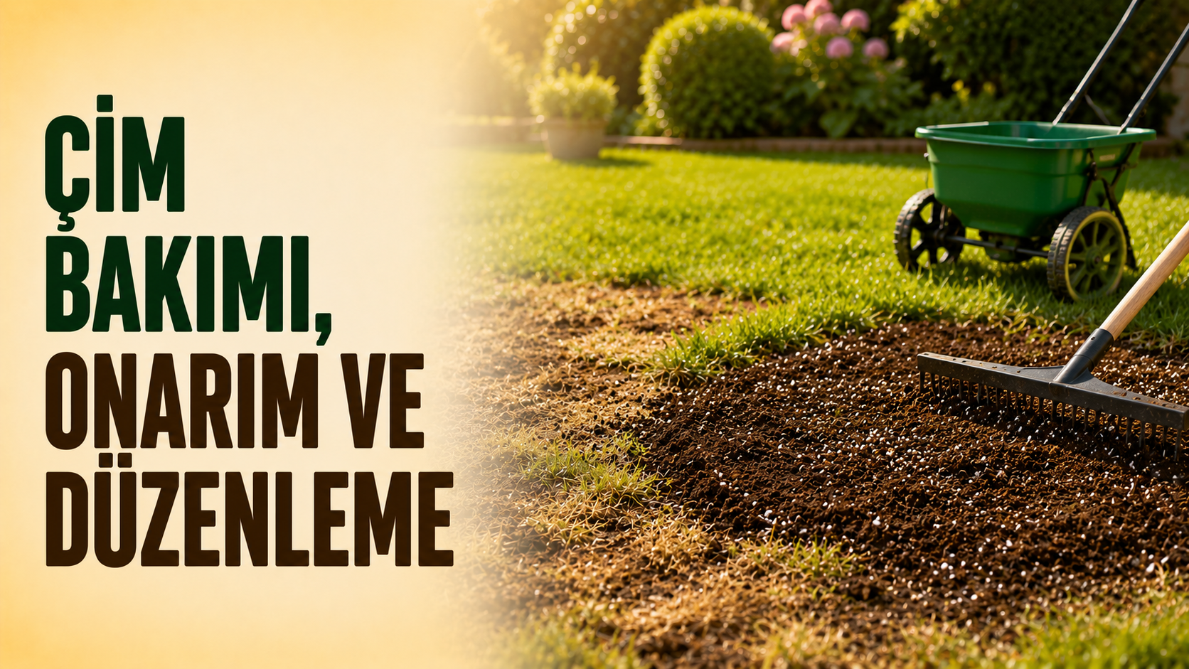 Çim bakımı ve onarımı – yıpranmış çim alanının tırmıkla düzeltilmesi ve gübre serpme arabası