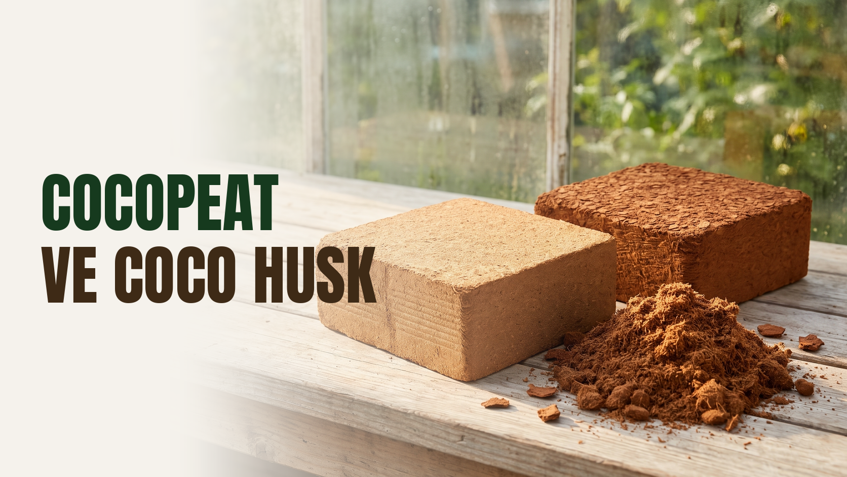 Cocopeat ve coco husk yetiştirme ortamları – sera tezgâhında sıkıştırılmış kare cocopeat bloğu ve coco husk chips bloğu, yanlarında suyla açılmış kabarık hindistan cevizi torfu