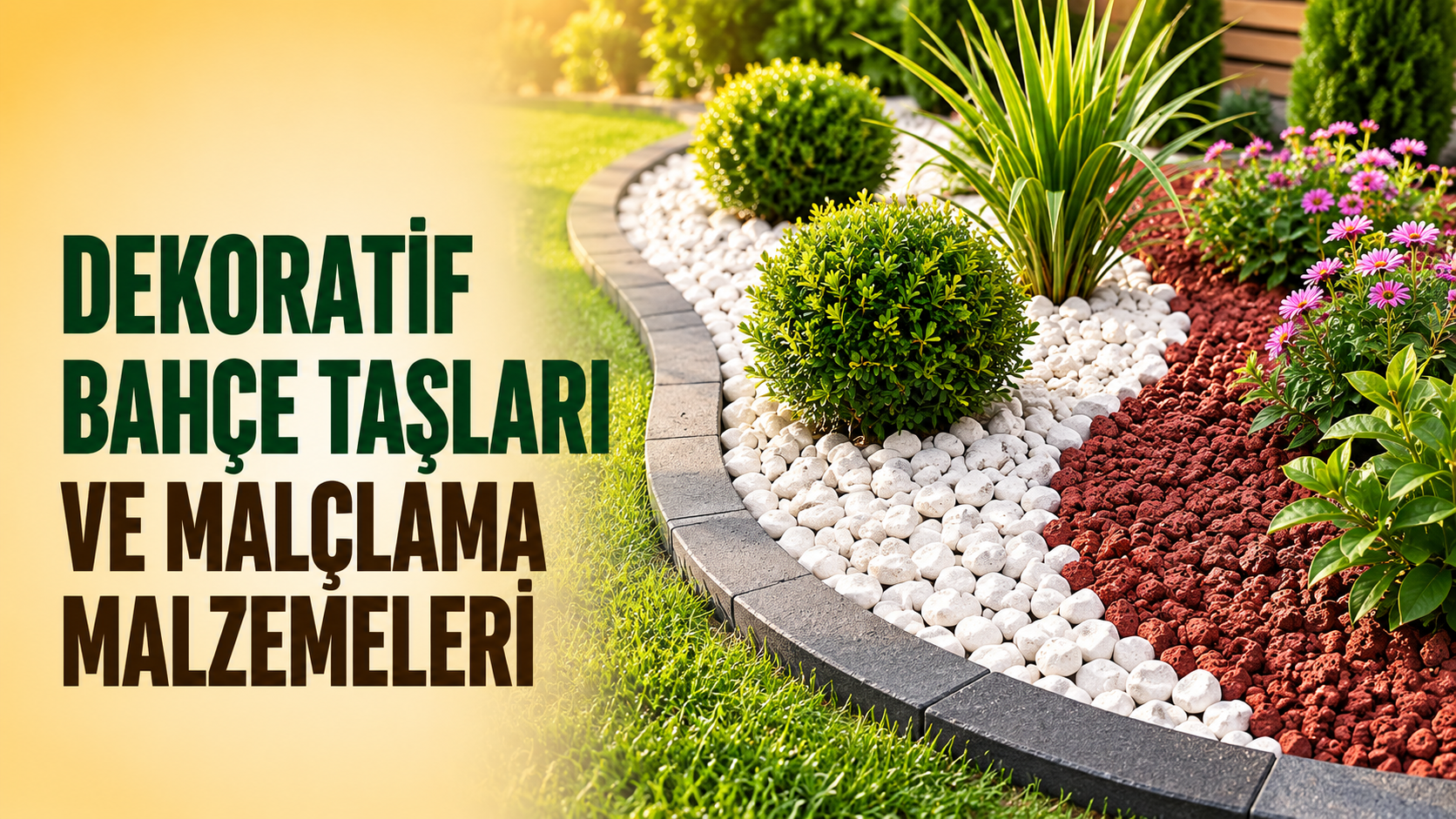 Bahçe bordurü boyunca beyaz dolomit ve kırmızı lav taşıyla yapılmış dekoratif malçlama