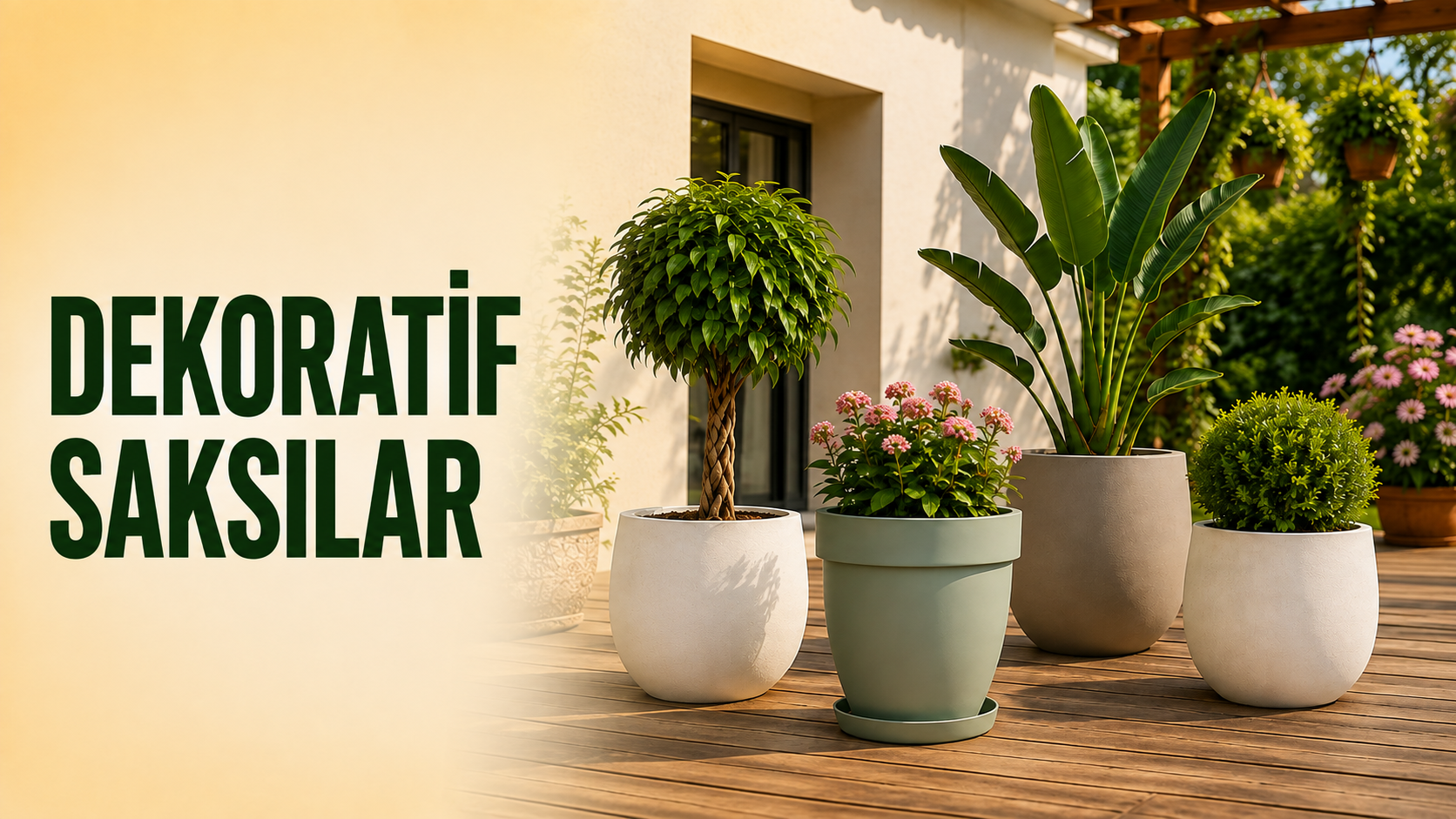 Dekoratif saksılar – teras zemininde yeşil bitkilerle beyaz, yeşil ve gri renkli modern saksı modelleri