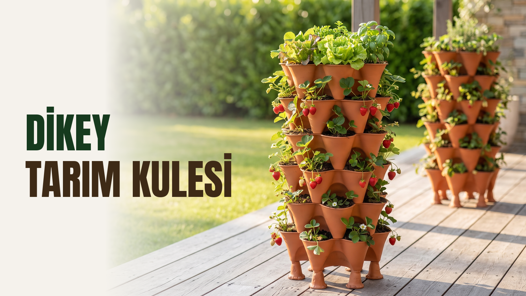 Dikey tarım kulesi – ahşap teras zemininde çilek ekili altı katlı terrakota bahçe kulesi ve arkada ikinci kule