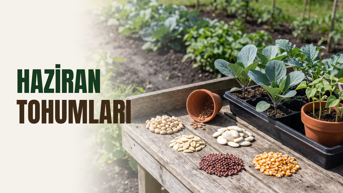 Haziran ayında ekilecek tohumlar – yaz bahçesinde tezgâhta viyolde lahana ve fasulye fideleri, önde bodur fasulye, salatalık, kabak, lahana ve mısır tohumu yığınları, arkada verimli sebze yatağı