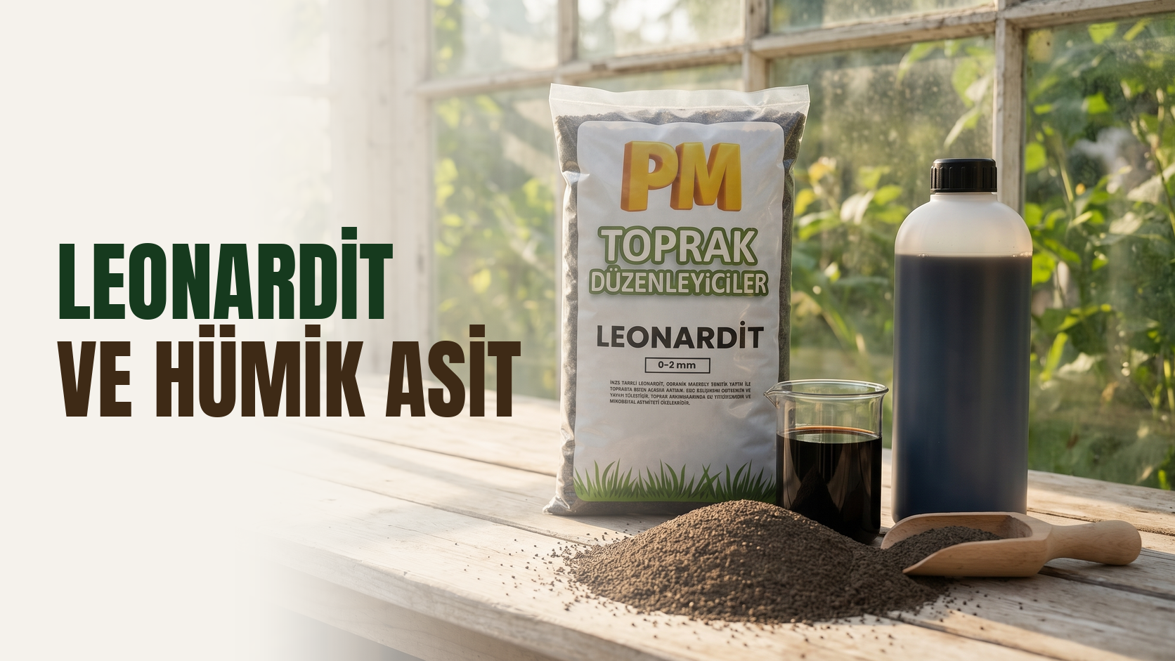 Leonardit ve hümik asit – sera tezgâhında PM Leonardit 0-2 mm poşeti, cam beherde ve şişede koyu sıvı hümik asit, önde ince taneli leonardit yığını ve ahşap kürek