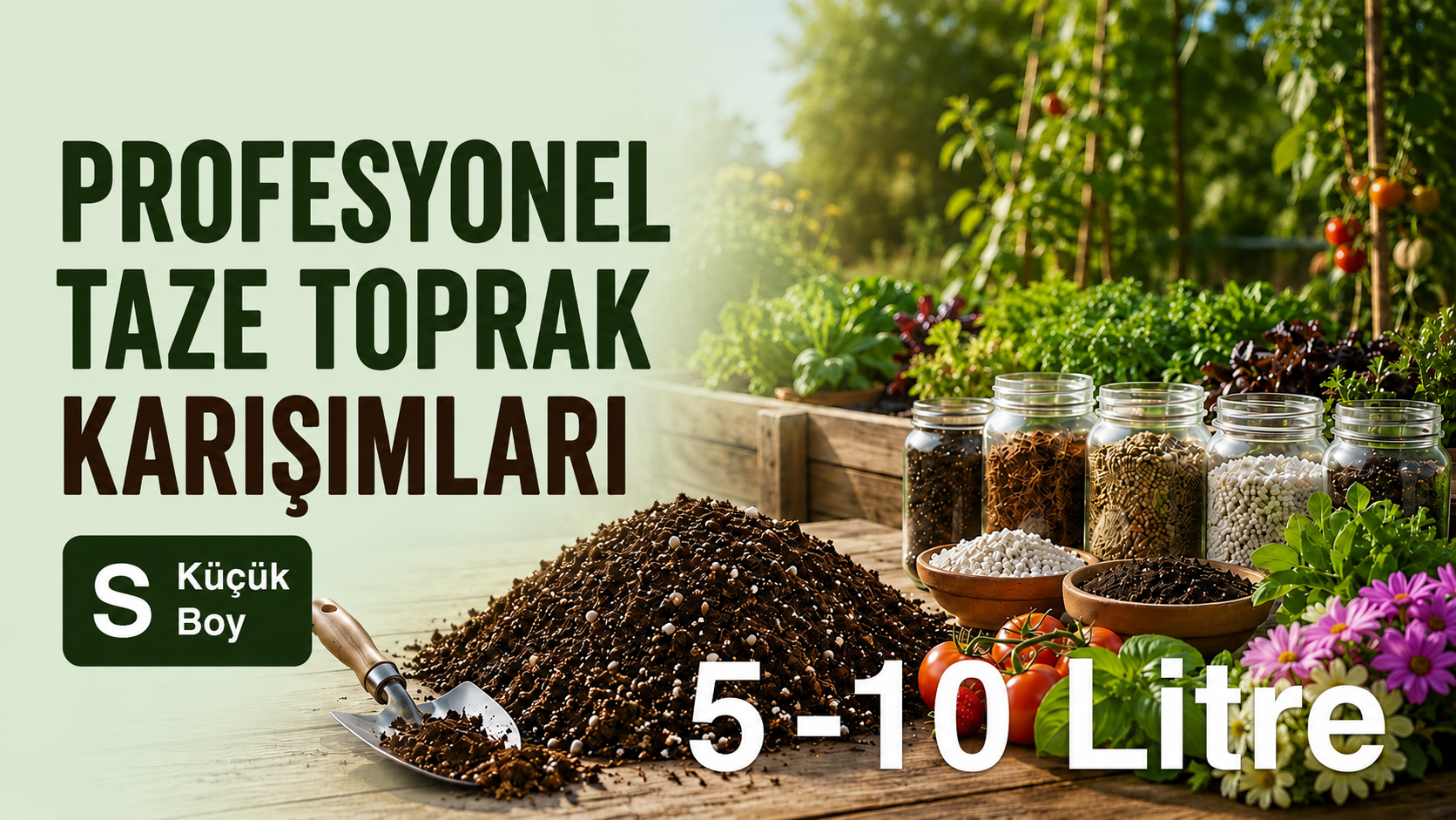 5 ve 10 litrelik profesyonel taze toprak karışımları – toprak yığını ve cam kavanozlarda perlit, pomza gibi bileşenler