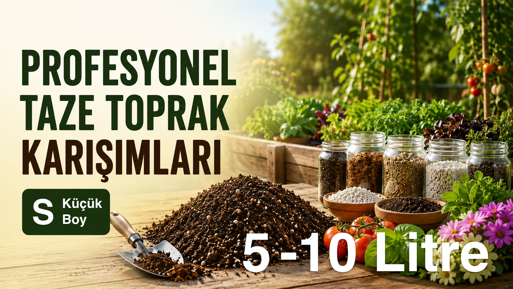 5 ve 10 litrelik profesyonel taze toprak karışımları – toprak yığını ve cam kavanozlarda perlit, pomza gibi bileşenler