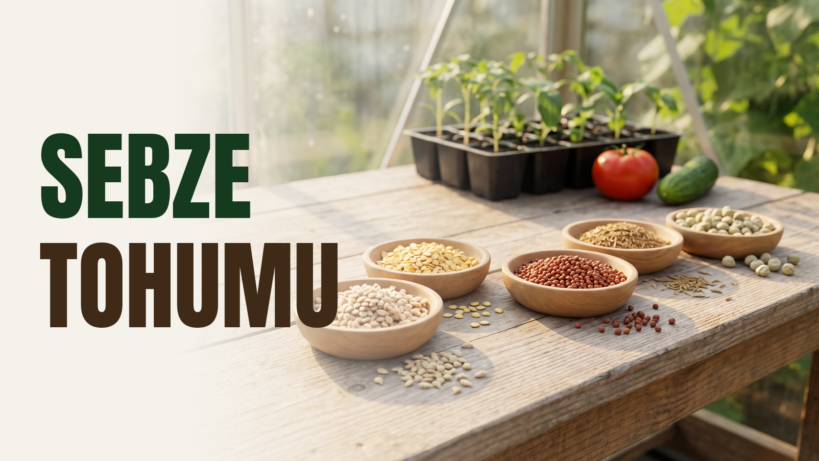 Sebze tohumu – ahşap kaselerde domates, biber, turp, havuç ve bezelye tohumları, arkada fide viyolü ile domates ve salatalık