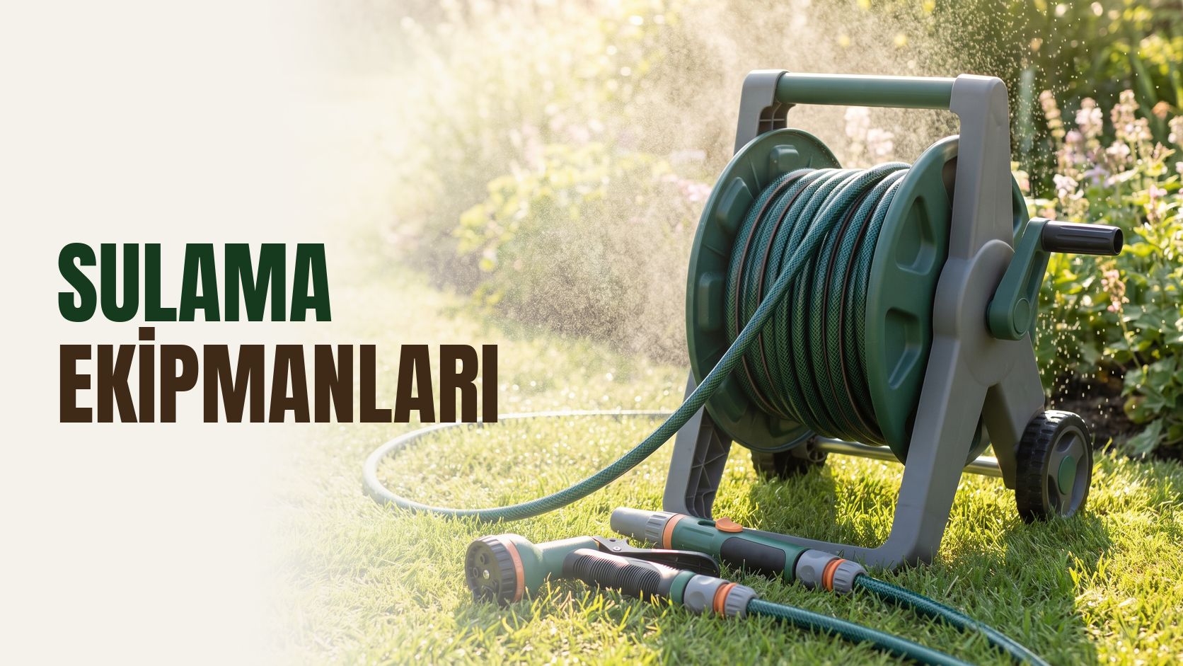 Sulama ekipmanları – çimde tekerlekli baskısız hortum makarası, üzerinde sarılı yeşil bahçe hortumu, önünde iki çok fonksiyonlu sulama tabancası ve havada su zerresi