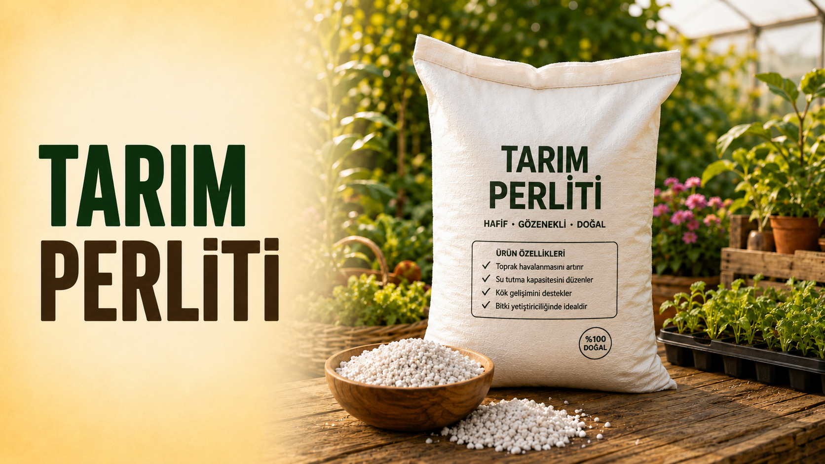 Tarım perliti çuvalı ve kasede beyaz granül perlit – hafif, gözenekli doğal toprak düzenleyici