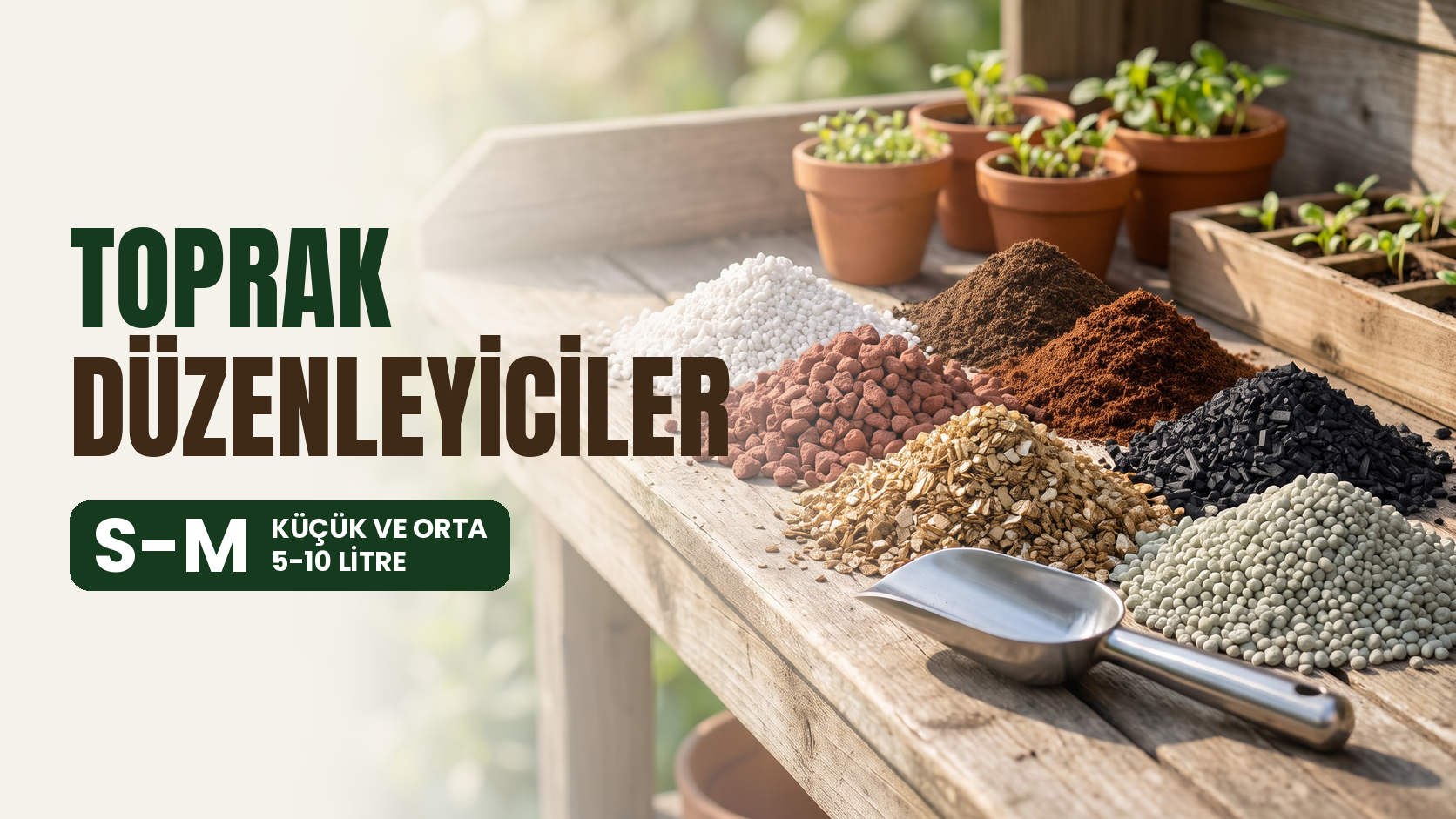 Toprak düzenleyiciler küçük ve orta boy – ahşap tezgâhta yan yana altı malzeme yığını: beyaz perlit, kırmızı pomza, vermikülit, cocopeat, biochar ve zeolit, önde çelik ölçü kaşığı, arkada fide saksıları