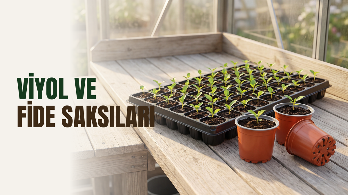 Viyol ve fide saksıları – sera tezgâhında çimlenmiş fidelerle dolu 128 göz kare fide viyolü ve yanında terracotta renkli 13 cm üretim saksıları