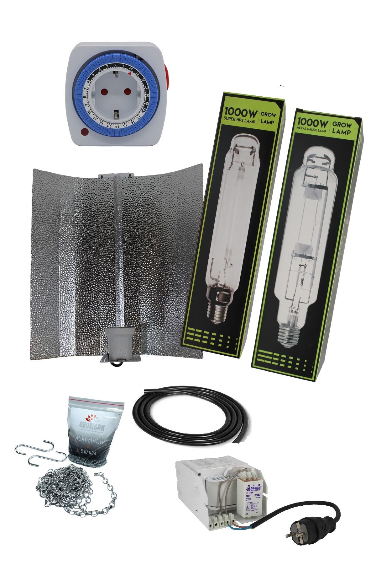 1000 W Foton balastlı HPS ve MH set – yüksek güçlü balast, iki ampul ve geniş açılı reflektör