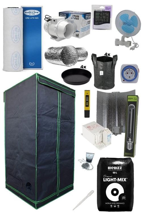 120x120x200 cm Hid kabin seti – geniş kabin, 600 W HPS ampul, reflektör ve karbon filtre fan seti