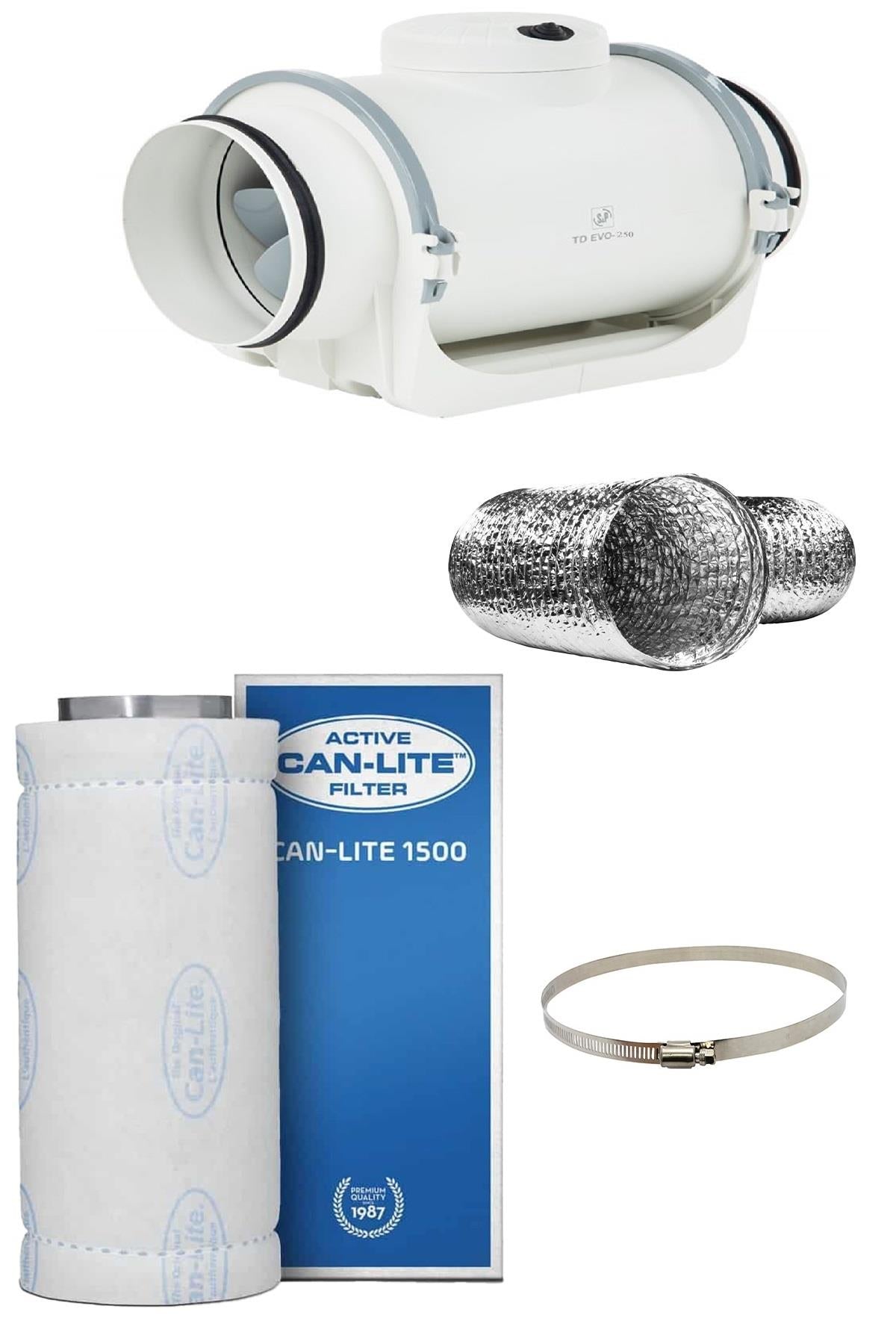 1650 m³ Can Lite fan seti – uzun çelik karbon filtre, 250 mm sessiz kanal fanı ve geniş çaplı esnek kanal
