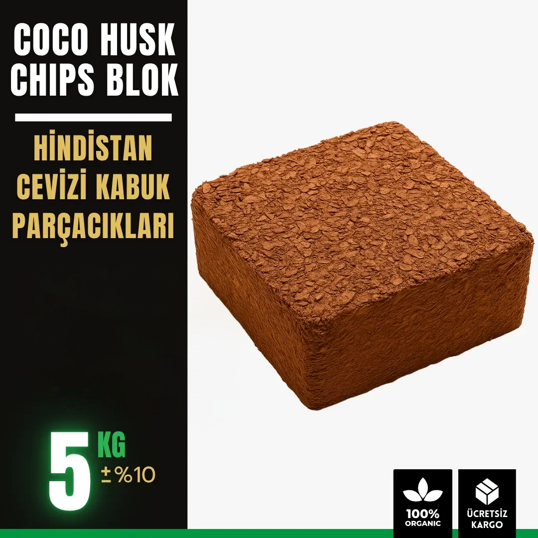 Coco husk chips blok 5 kg – orkide ve drenaj için iri hindistan cevizi kabuğu parçaları