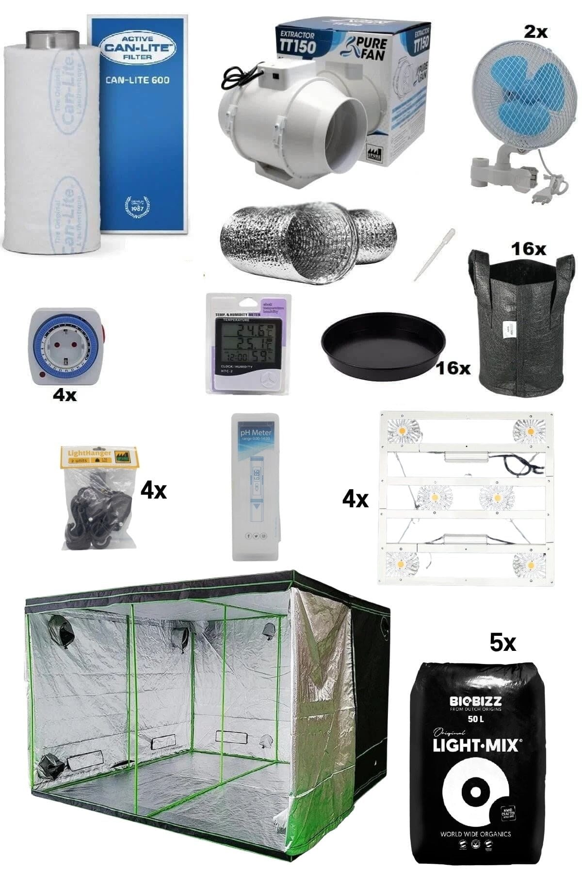 200x200x200 cm Eco kabin seti – dört metrekarelik kabin, dört LED lamba ve karbon filtre fan seti