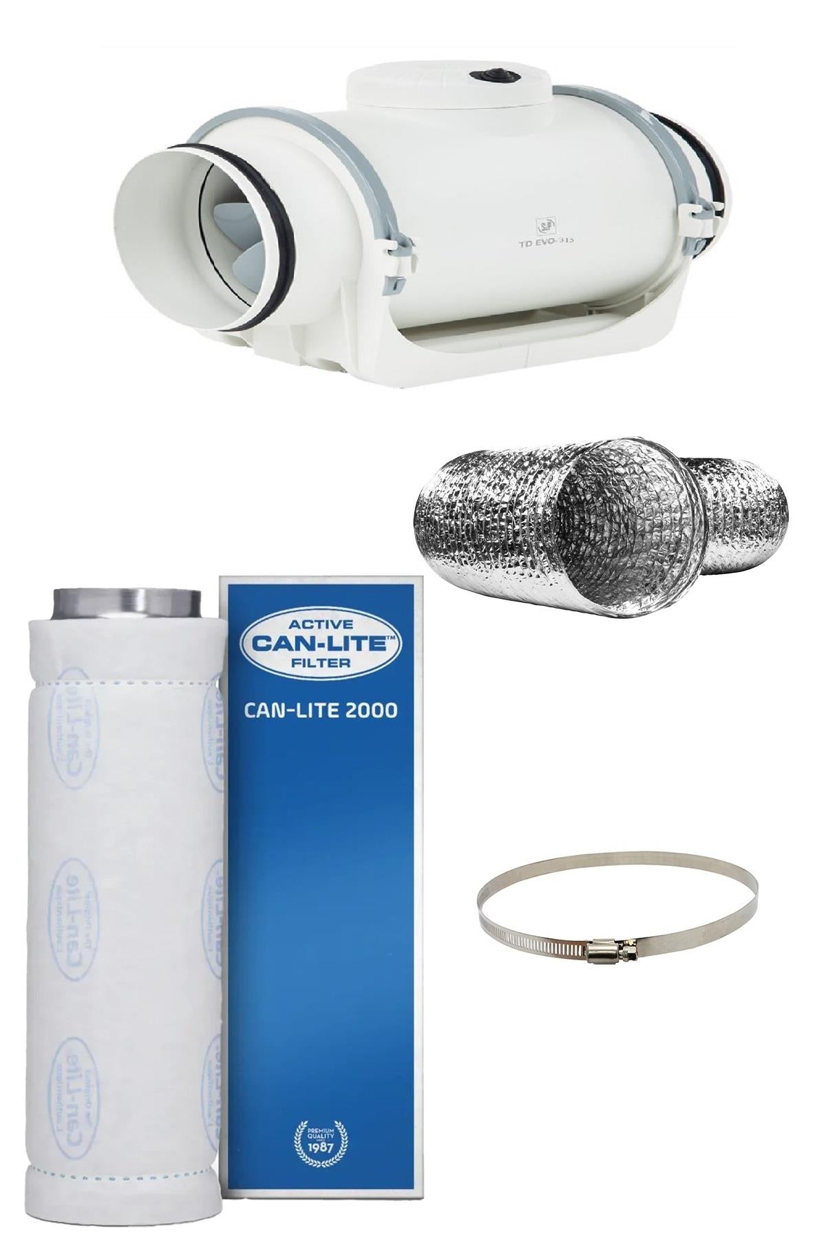 2200 m³ Can Lite fan seti – bir metre boyunda çelik karbon filtre, 315 mm sessiz fan ve metal redüksiyon parçası