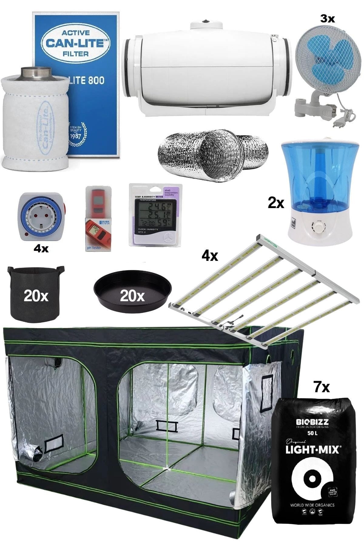 240x240x200 cm Pro kabin seti – çok geniş kabin, dört LED panel, sessiz fan ve klipsli vantilatörler