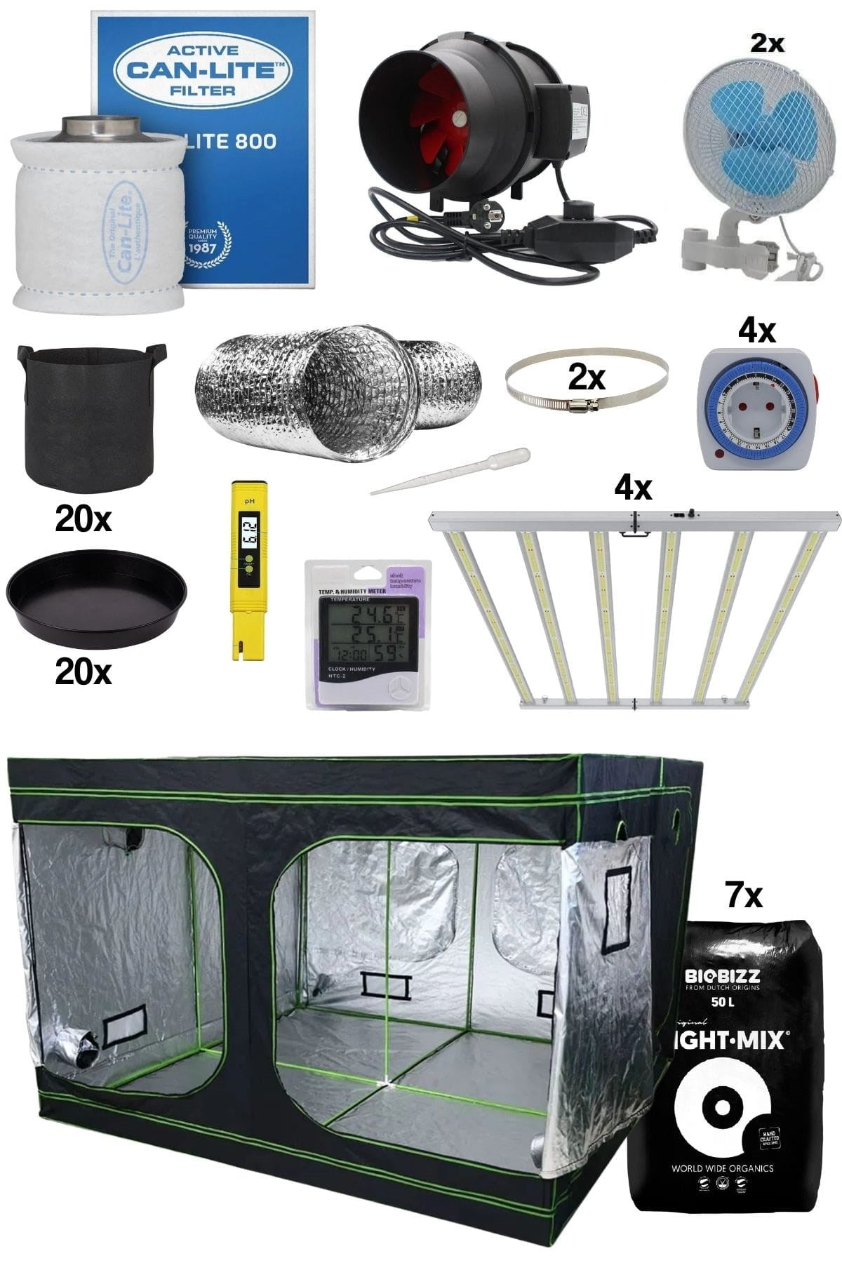 240x240x200 cm Eco kabin seti – çok geniş kabin, dört LED panel ve büyük karbon filtre fan seti