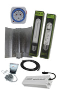 250 W elektronik balastlı HPS ve MH set – dimerli balast, iki ampul ve kablolu reflektör görseli