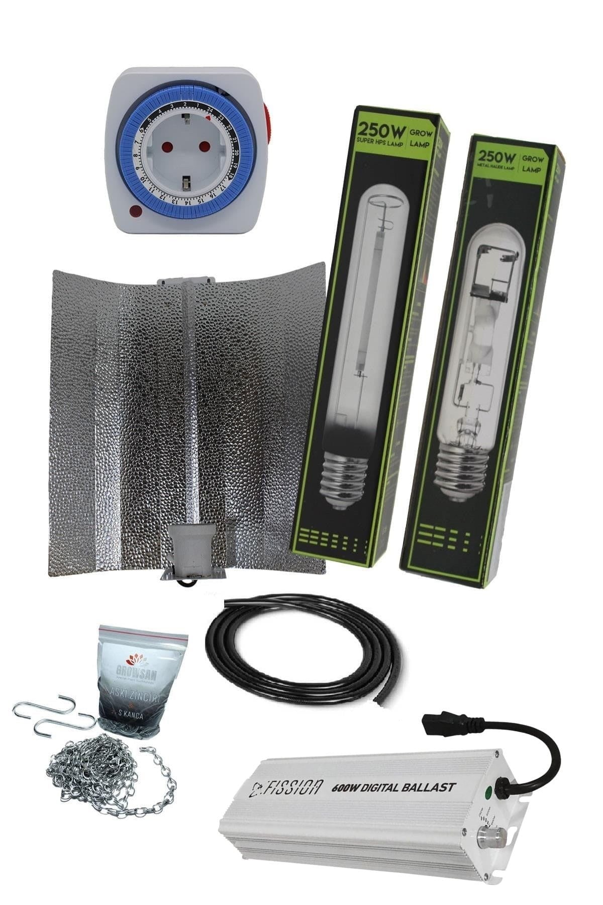 250 W elektronik balastlı HPS ve MH set – dimerli balast, iki ampul ve kablolu reflektör görseli