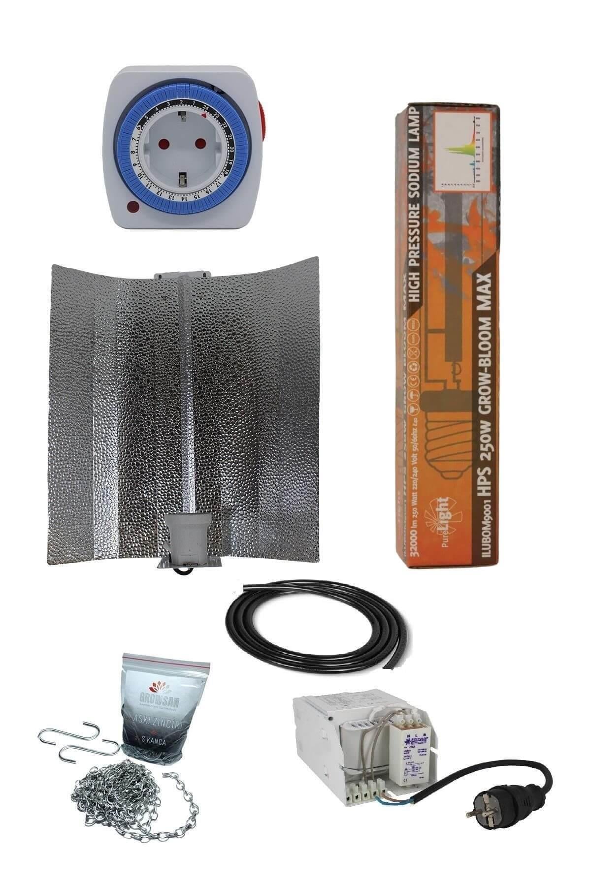 250 W Foton balastlı Grow Bloom Max set – balast kiti, çift spektrum ampul ve askı zincirli reflektör