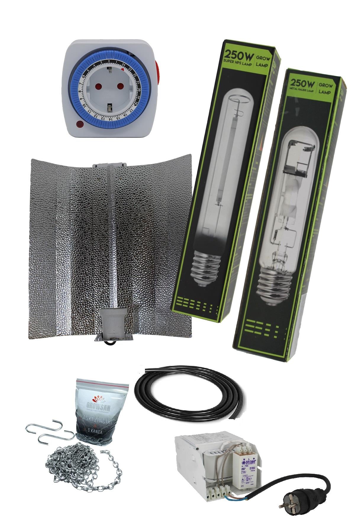 250 W Foton balastlı HPS ve MH set – balast, iki farklı ampul, reflektör ve askı zinciri görseli