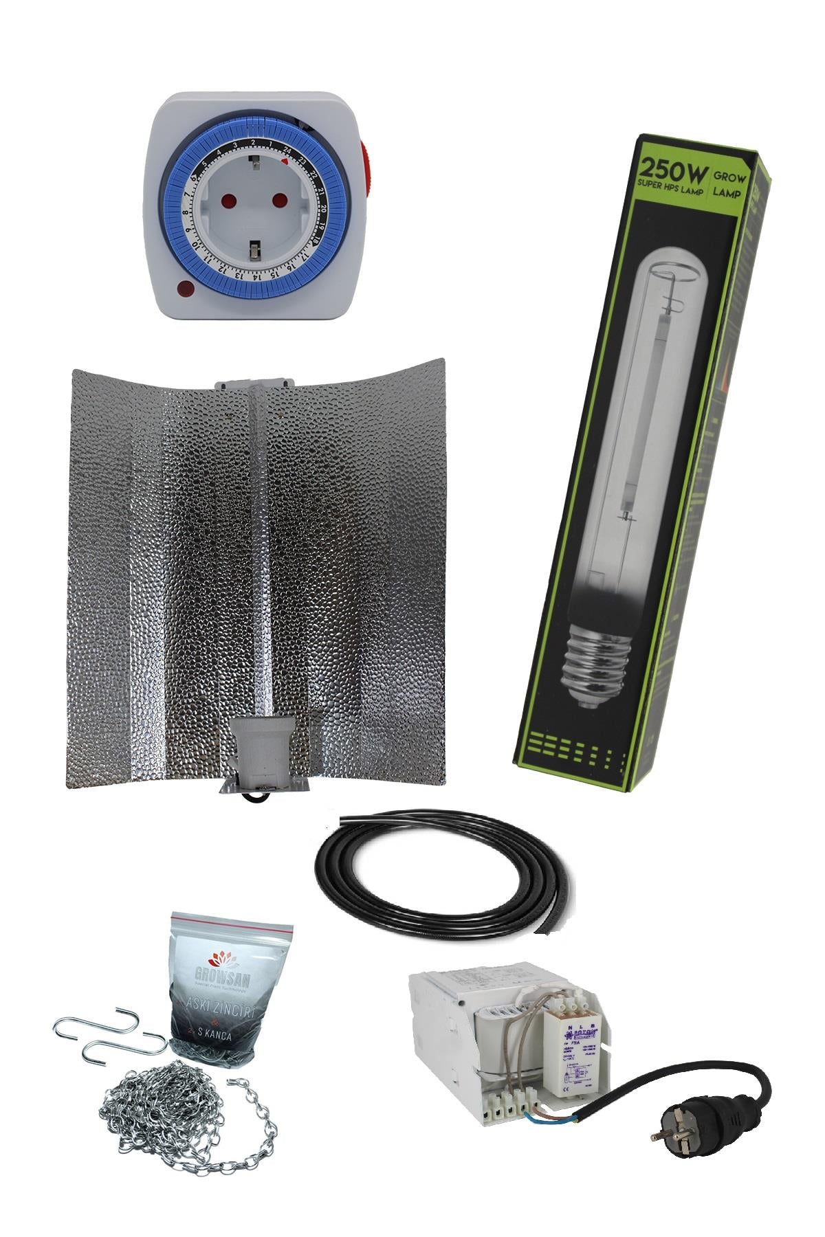 250 W Foton balastlı HPS set – balast ünitesi, sodyum ampul, geniş reflektör ve askı zinciri