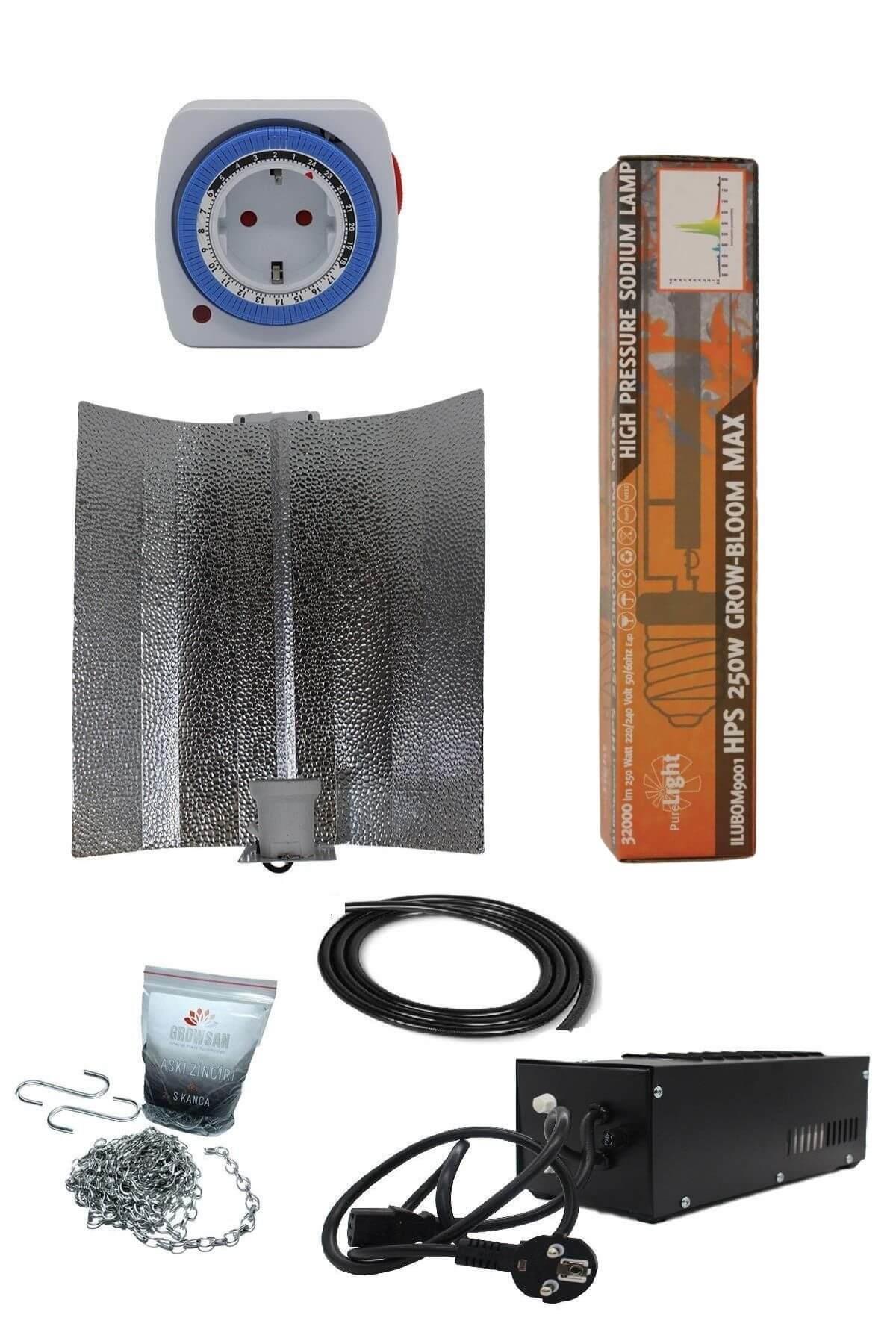 250 W manyetik balastlı Grow Bloom Max set – kompakt balast, çift spektrum ampul ve askı zinciri