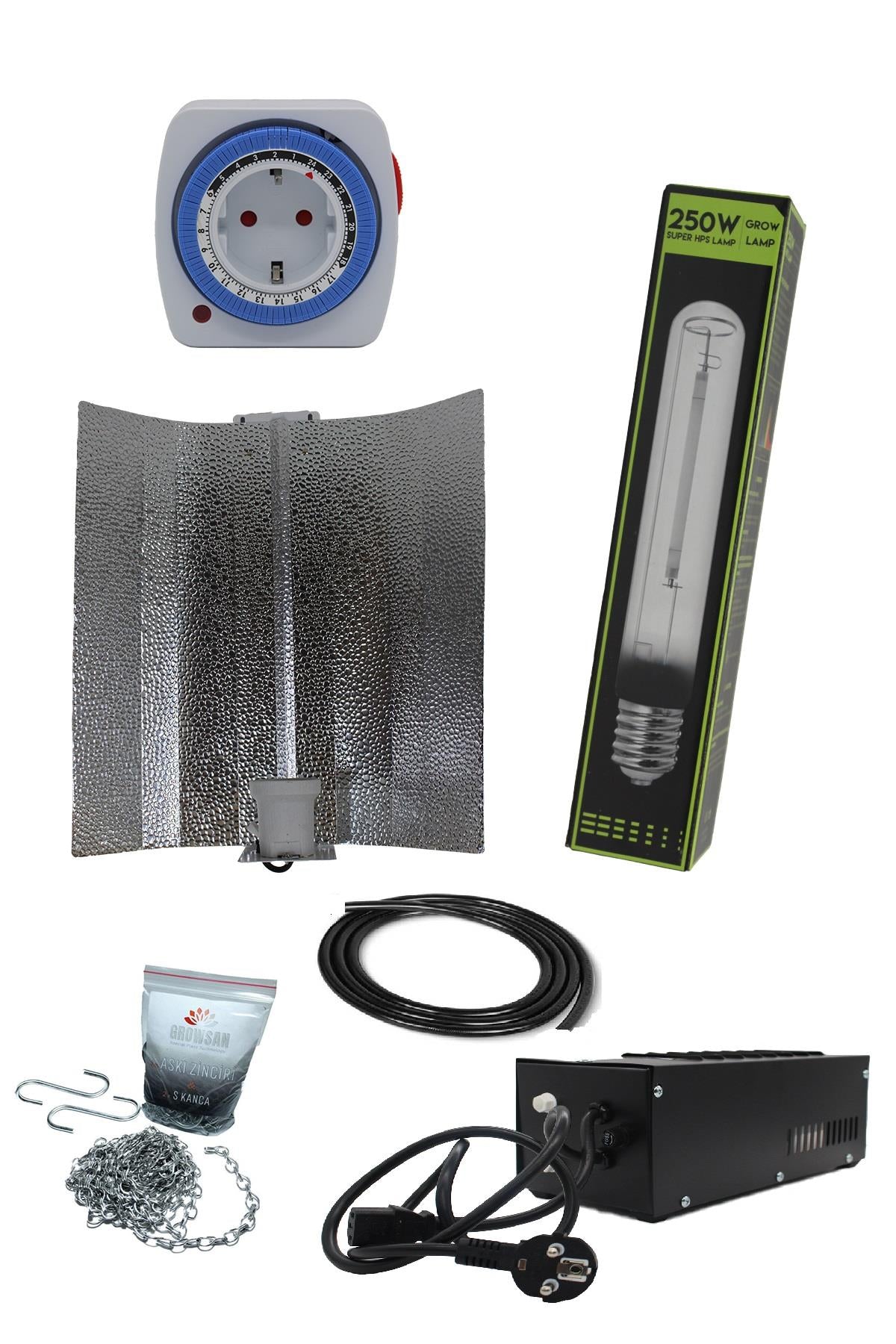 250 W manyetik kompakt balastlı HPS set – metal kasalı bobinli balast, ampul ve geniş reflektör