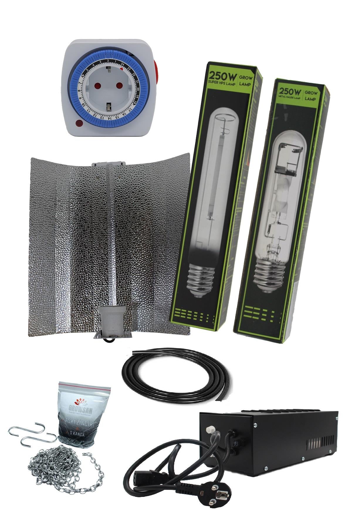 250 W manyetik balastlı HPS ve MH set – bobinli kompakt balast, iki ampul ve kablolu reflektör