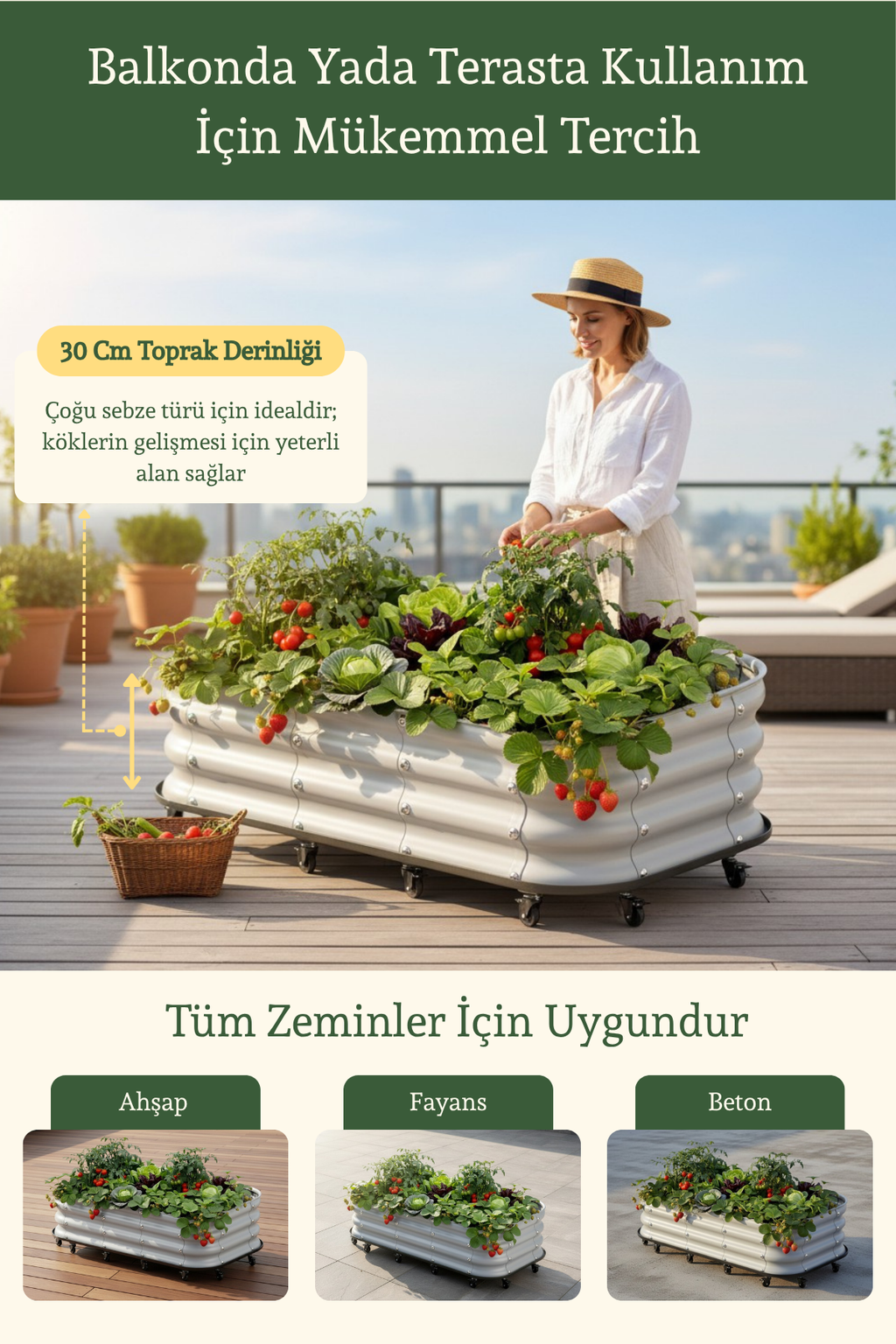 Tekerlekli ve Alt Tablalı Balkon ve Teras Sebze Yatağı 110x60x30 cm / 198 Litre